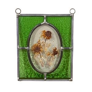 Artist Signed Pressed Flower Stained Glass Panel Oval Cottagecore Decor